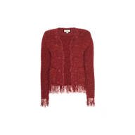 Mireille Fringe Cardigan in bold, cozy red with a textured knit, round neckline, double-breasted button closure, two front pockets, and a fringed hem and cuffs.