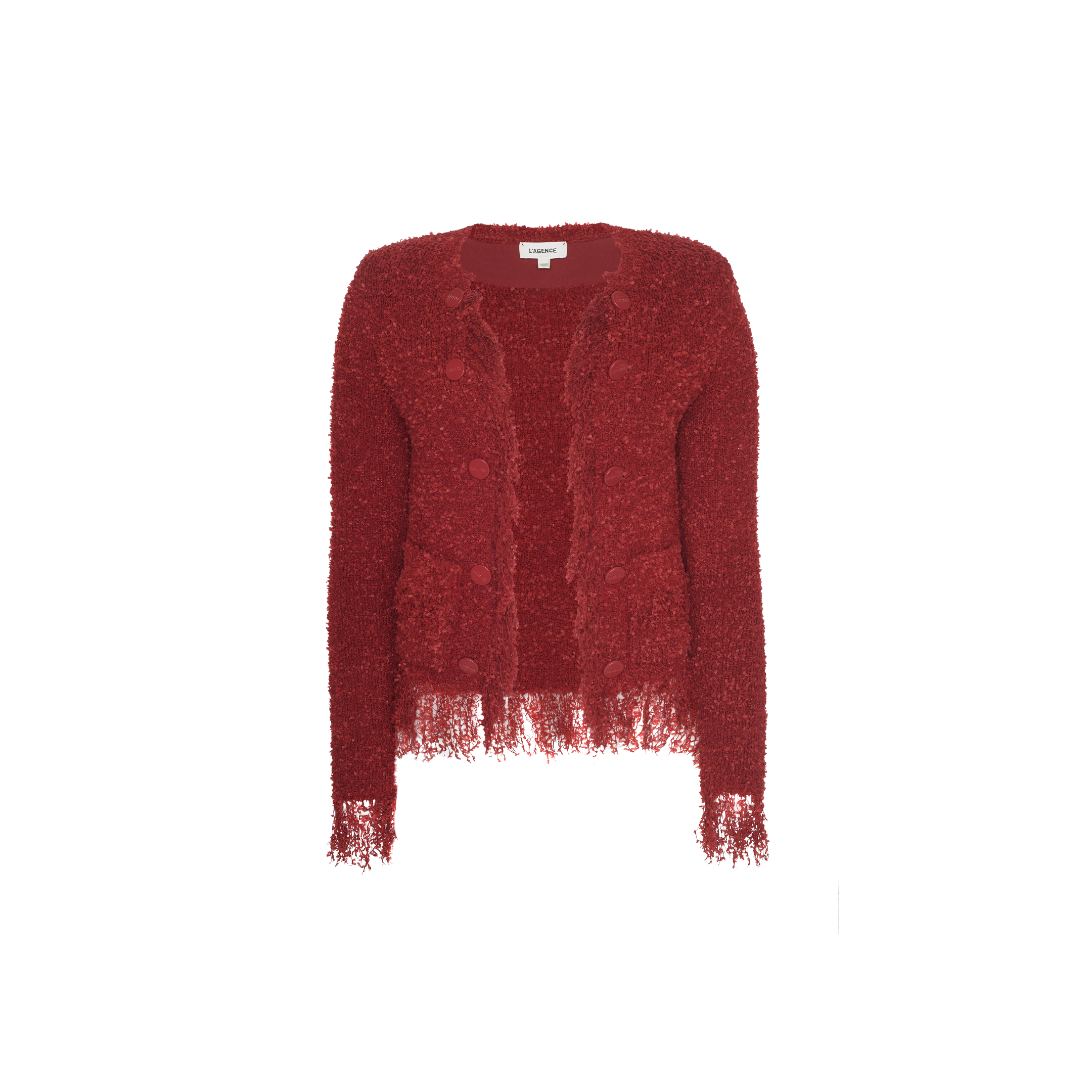Mireille Fringe Cardigan in bold, cozy red with a textured knit, round neckline, double-breasted button closure, two front pockets, and a fringed hem and cuffs.