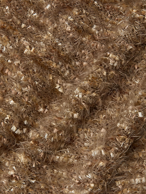 Close-up of textured brown fabric with beige and tan flecks, featuring smooth and fuzzy fibers—perfect as fringe trim or for an eyelash knit on the L'AGENCE Azure Fringe Cardigan Blazer.