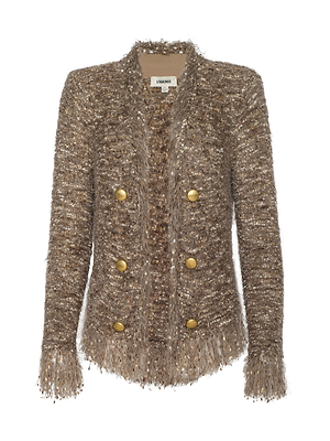The L'AGENCE Azure Fringe Cardigan Blazer features a brown tweed texture, fitted silhouette, double rows of gold buttons, long sleeves, and a chic fringe trim hem, shown on a plain white background.
