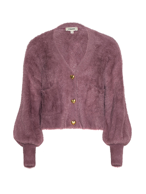 The Harriet Cardigan by L’AGENCE is a mauve, fuzzy knit cropped style with long puffed sleeves, wide ribbed cuffs, a V-neckline, and three gold heart buttons for a cozy-chic look.