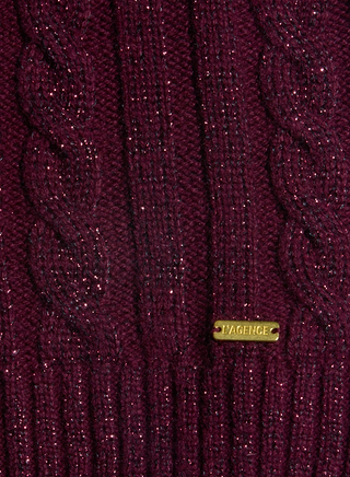 Close-up of the Bellini Cable-Knit Top in burgundy wool blend, featuring subtle metallic threads and a small gold LAGENCE tag attached to the fabric.