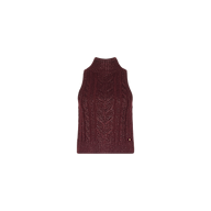 A merlot red Bellini Cable-Knit Top, featuring a sleeveless design, wool-infused knit, and mock-neck silhouette, displayed on a plain white background.