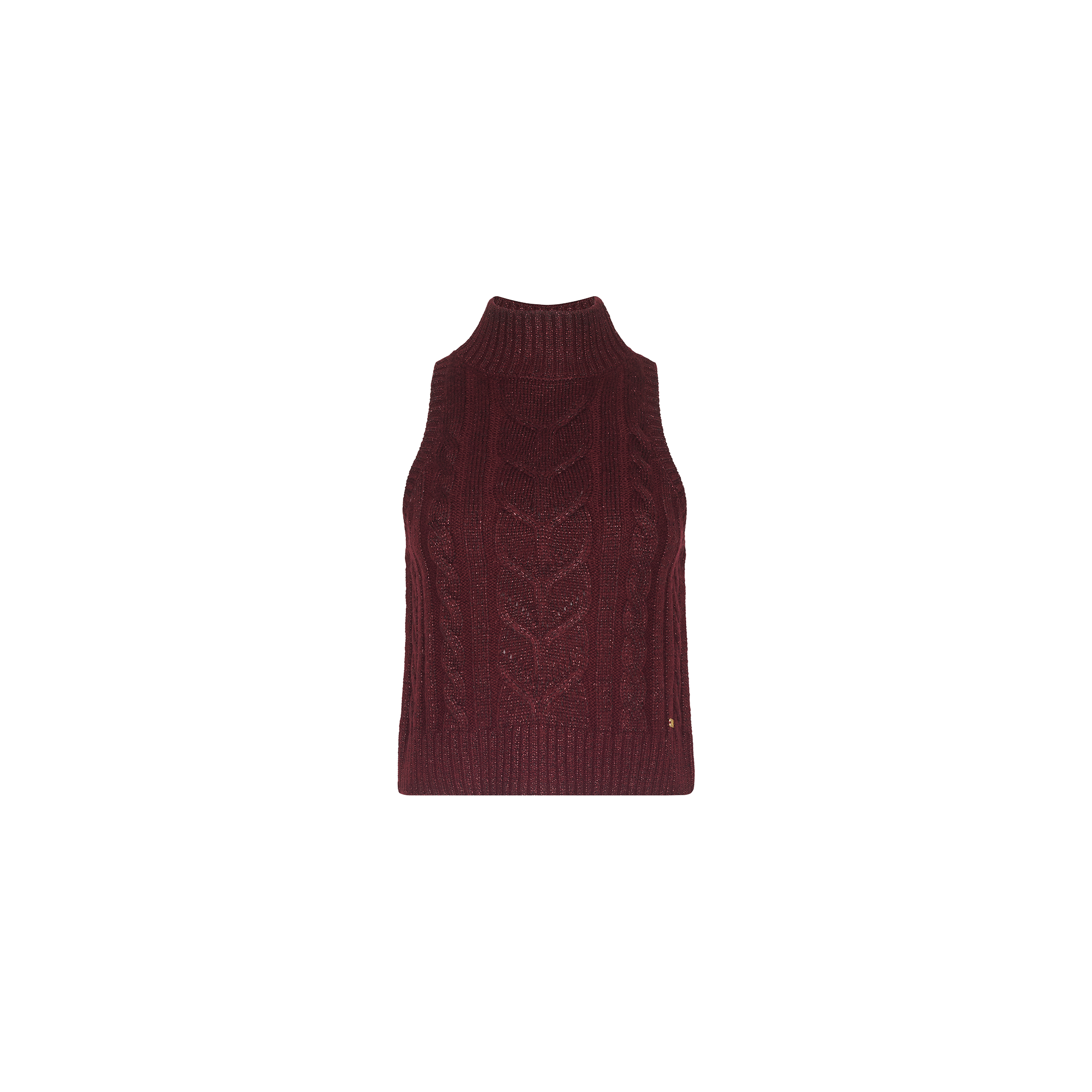 A merlot red Bellini Cable-Knit Top, featuring a sleeveless design, wool-infused knit, and mock-neck silhouette, displayed on a plain white background.