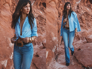 A woman with long dark hair poses outdoors among red rocks, wearing a light denim shirt, blue jeans, black boots, gold jewelry, and a black belt. She looks confidently into the distance in both images.