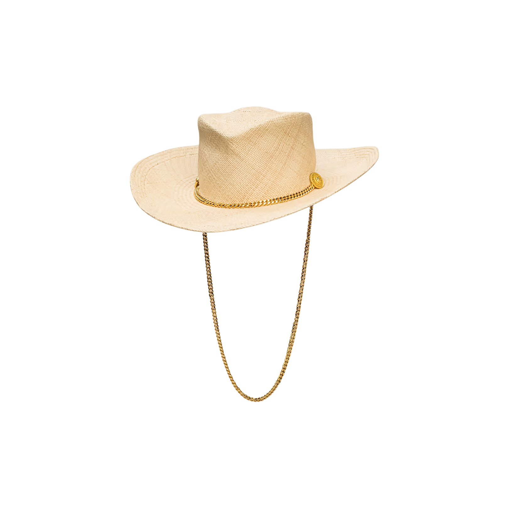 The Zamora Cowboy Hat, handcrafted by Gladys Tamez Millinery, is a light tan woven-straw cowboy hat featuring a wide brim, gold chain band, and gold chain chin strap, displayed against a plain white background.