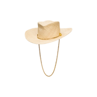 The Zamora Cowboy Hat by Gladys Tamez Millinery, handcrafted in LA from light-colored woven straw, features a wide brim and is adorned with a decorative gold chain band and chin strap, shown against a plain white background.