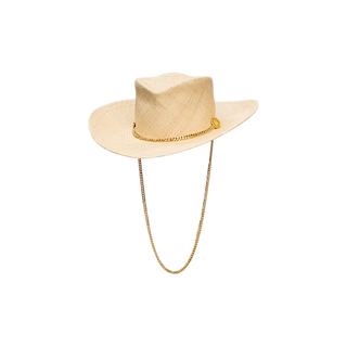 The Zamora Cowboy Hat, handcrafted by Gladys Tamez Millinery, is a light tan woven-straw cowboy hat featuring a wide brim, gold chain band, and gold chain chin strap, displayed against a plain white background.