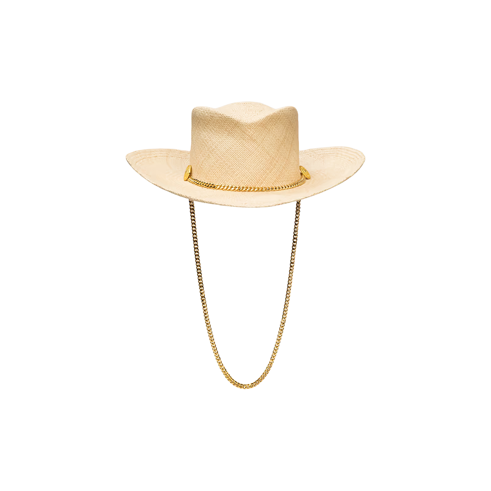 The Zamora Cowboy Hat, handcrafted in LA from beige woven straw, features a gold chain band around the base and a matching gold chin strap, shown against a plain white background.