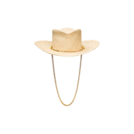 The Zamora Cowboy Hat, handcrafted in LA by Gladys Tamez Millinery, features a light beige woven-straw design with a gold chain band around the crown and a matching gold chin strap, displayed on a plain white background.