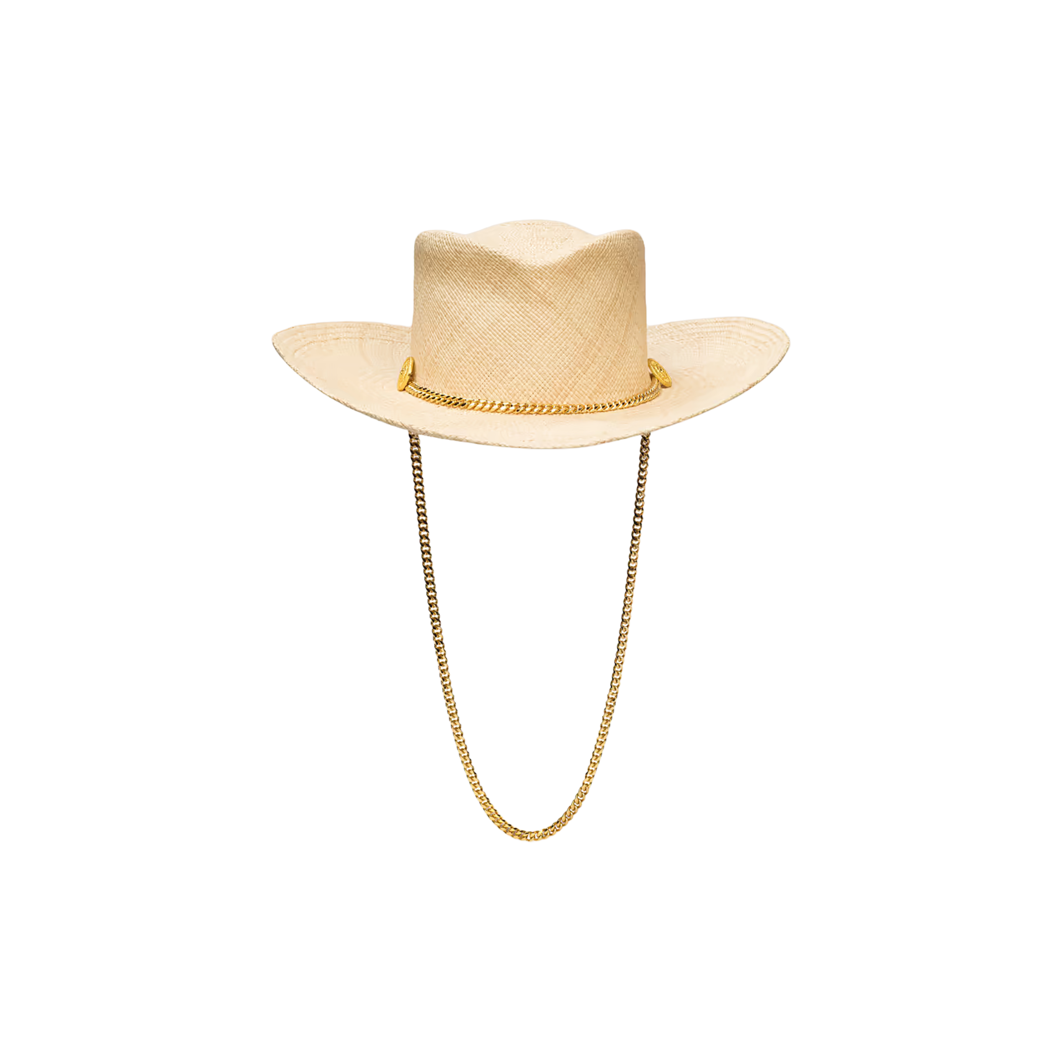The Zamora Cowboy Hat, handcrafted in LA by Gladys Tamez Millinery, features a light beige woven-straw design with a gold chain band around the crown and a matching gold chin strap, displayed on a plain white background.