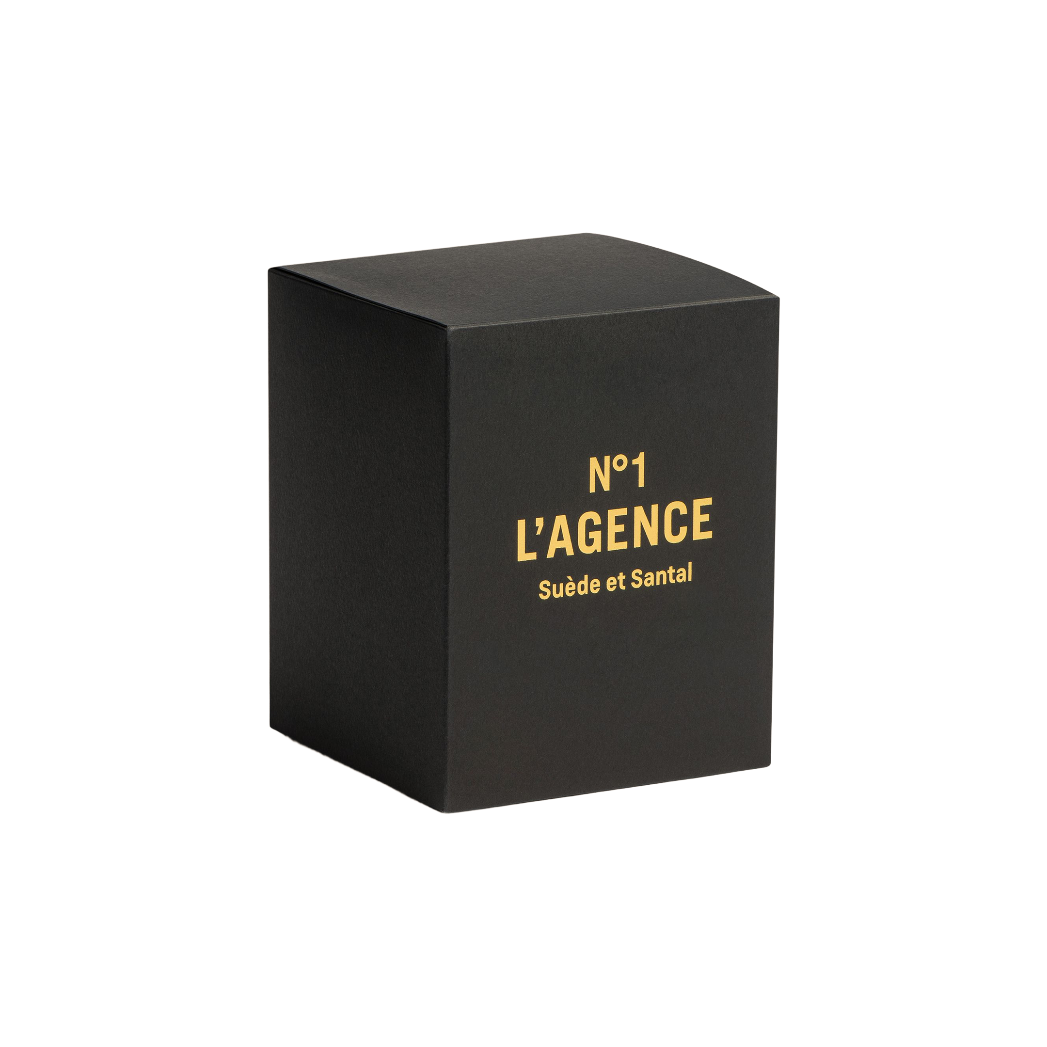 A black box featuring gold text that reads “Suède et Santal” on the front is displayed against a plain white background, highlighting its luxurious sandalwood candle made from a soy-blend wax.