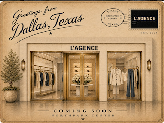 A sepia-toned illustration shows the storefront of LAGENCE at NorthPark Center in Dallas, Texas, with Coming Soon text and stylish clothing displays inside.