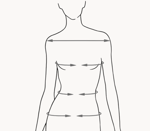 Line drawing of a womans torso showing arrows at the bust, underbust, waist, and hips, indicating measurement points for clothing fitting. No facial features are shown.