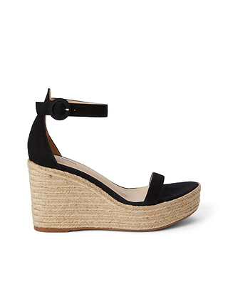 Experience timeless style with the Elysee Platform Sandal, a black suede braided rope-platform sandal featuring an adjustable ankle strap and buckle. The thick, textured jute platform and heel elevate your look with added height and sophistication, while a single black toe strap ensures a classic appeal. Finished with a brown sole, this chic shoe is photographed from the side to showcase its elegant silhouette.