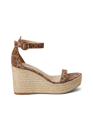 Elysee Platform Sandal—leopard print wedge sandal with ankle strap and buckle, featuring a braided rope platform heel and open toe design.