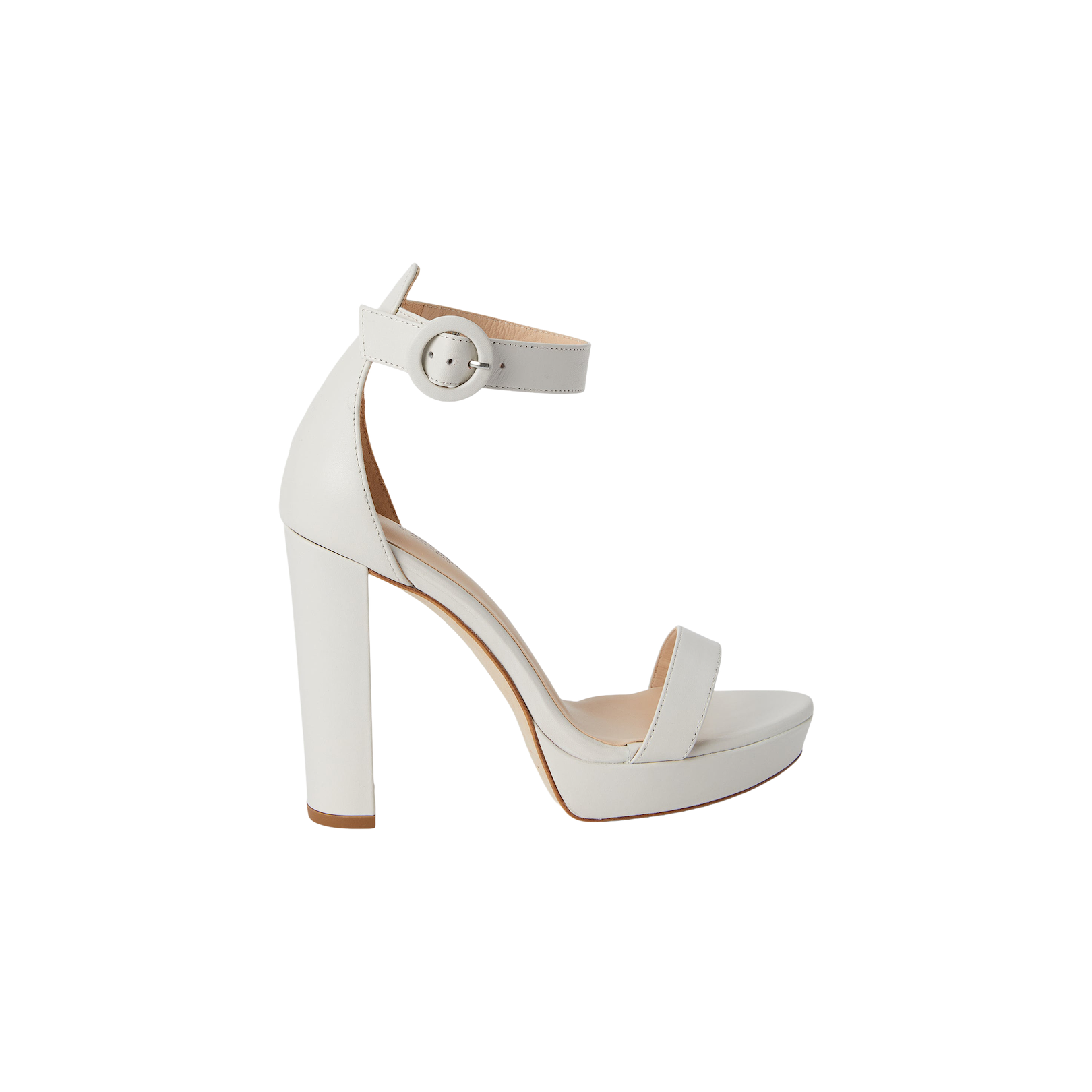 The Cecile Platform Sandal is a white, open-toe shoe with a high block heel, an ankle strap secured by a buckle, and a chunky silhouette, displayed against a plain white background.