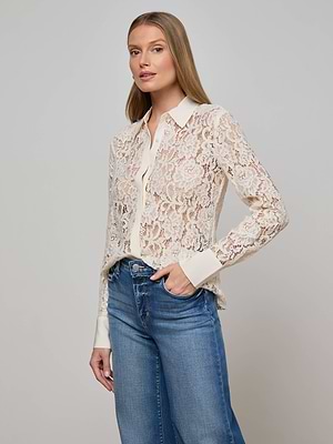 L'Agence Maia Lace Button-Front Blouse, Vintage White, Women's, X-Large, Shirts Tops Blouses Button Down Shirts L'Agence Maia Lace Button-Front Blouse, Vintage White, Women's, X-Large, Shirts Tops Blouses Button Down Shirts