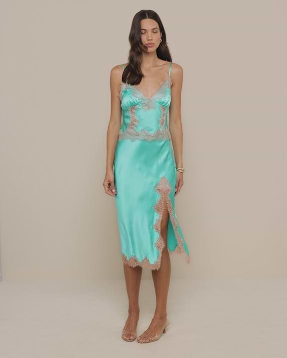 Tico Silk Lace Skirt in Cyan/Cappuccino | L'AGENCE