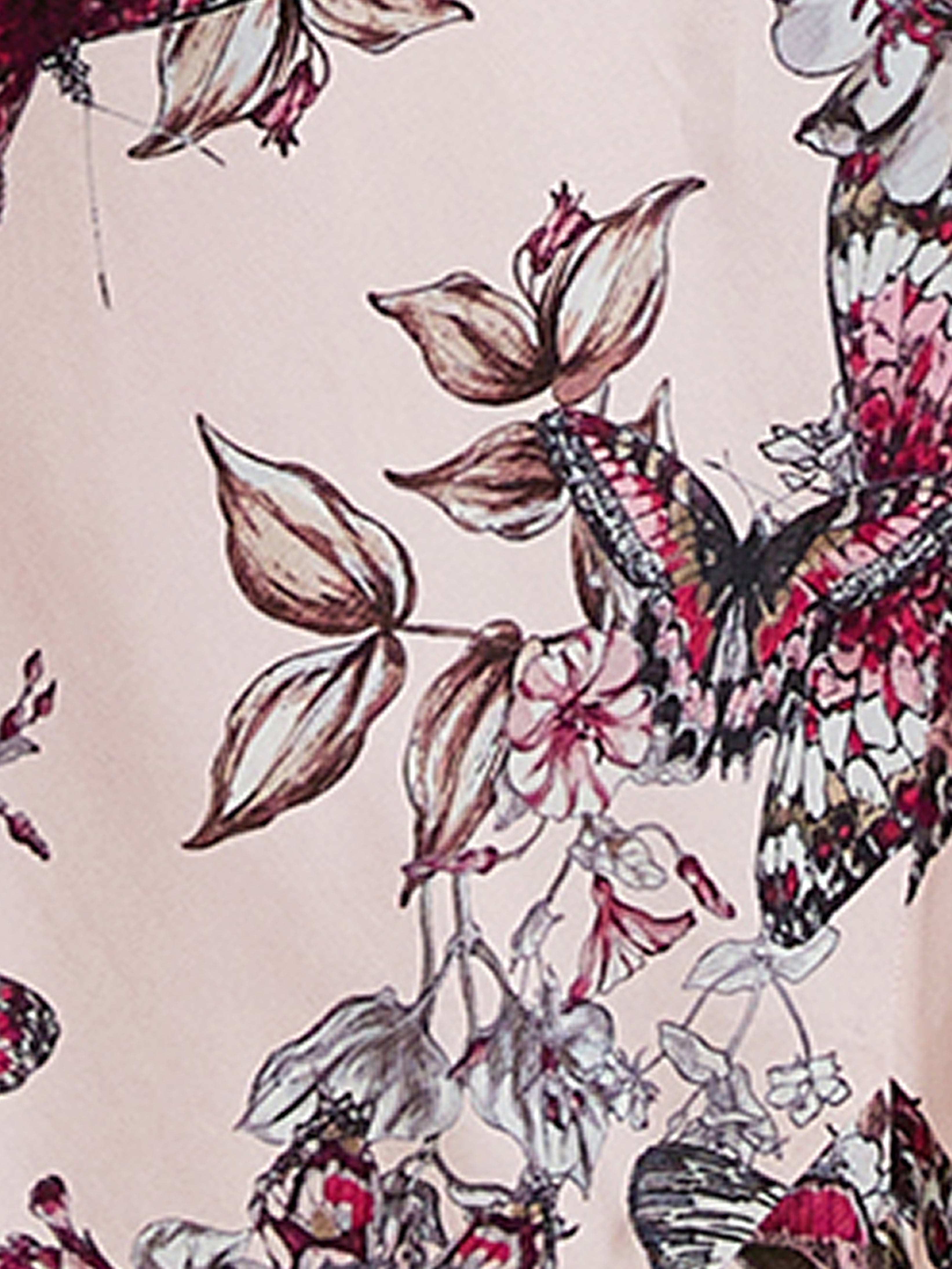 A close-up of a floral and butterfly pattern on fabric, featuring pink, purple, and brown tones with detailed flowers, leaves, and butterflies on a light background.