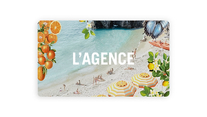 A beach scene with people relaxing on sandy shores and swimming in blue water, surrounded by oranges, lemons, flowers, and striped umbrellas. LAGENCE Gift Card—delivered by email—appears beneath bold white L’AGENCE text.
