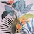 Tropical botanical illustration featuring large green and blue leaves, along with orange and pink flowers on a light background.