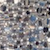 Gros plan sur un motif en mosaïque composé de carreaux carrés et rectangulaires de différentes tailles et couleurs, notamment dans des nuances de bleu, de gris, de blanc et de noir, formant un motif géométrique abstrait.