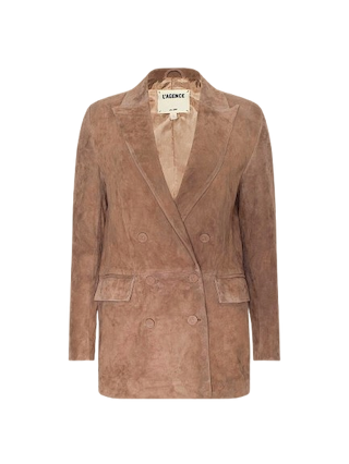 Light brown suede double-breasted blazer with notch lapels, flap pockets, and a tailored fit, displayed on a plain white background—a sophisticated layer from L’AGENCE that perfectly complements the Arabell Romper.