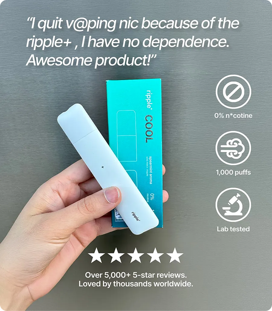 ripple⁺ device and COOL pod box held in a hand. Quote: I quit v@ping nic because of the ripple+, I have no dependence. Awesome product! 0% n*cotine, 1,000 puffs, lab tested. Over 20,000+ 5-star reviews.