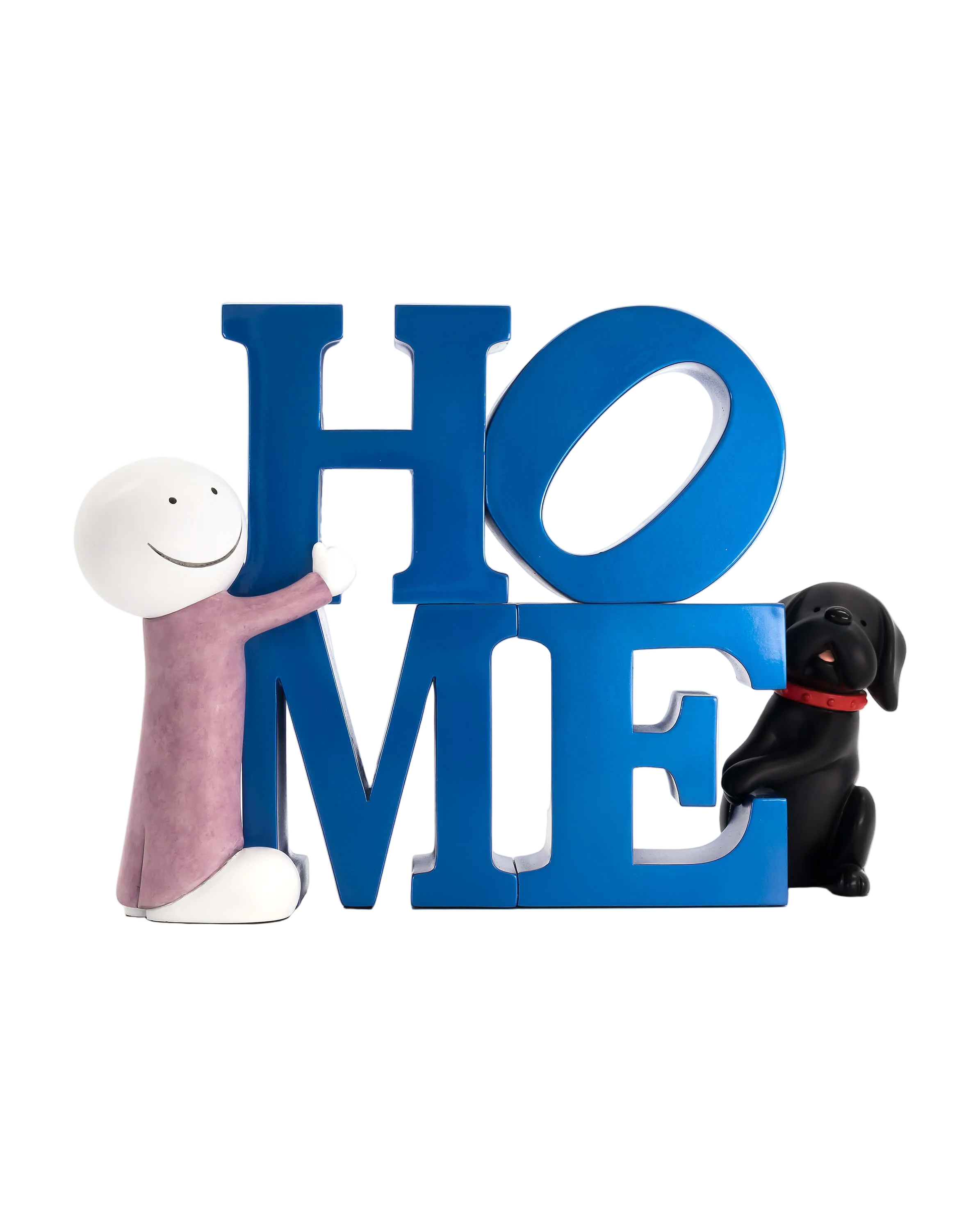 A sculpture featuring the word 'HOME' in bold blue letters, with a smiling white character and a black dog sculpture.