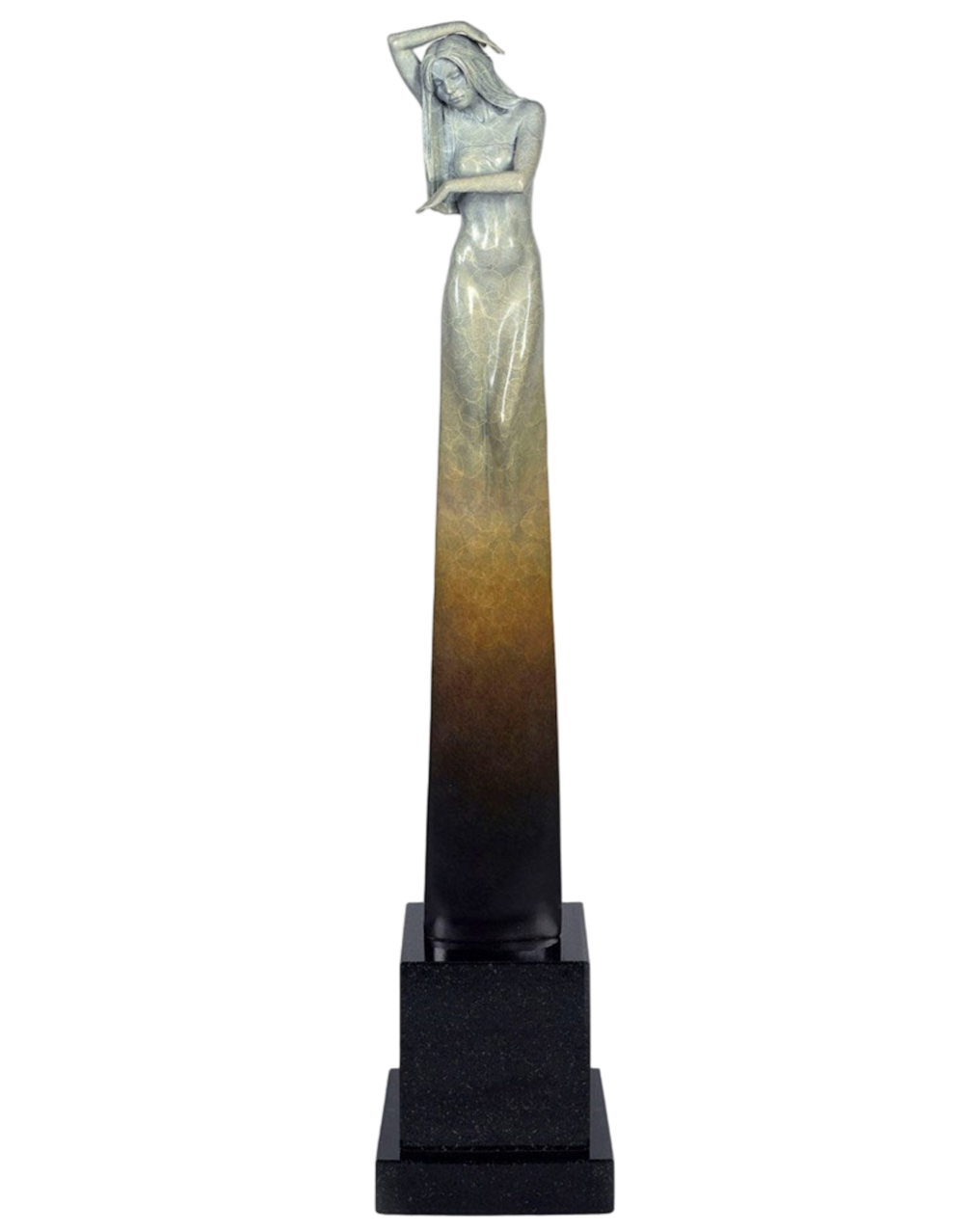 Decorative statue with a gradient design on a black base against a white background