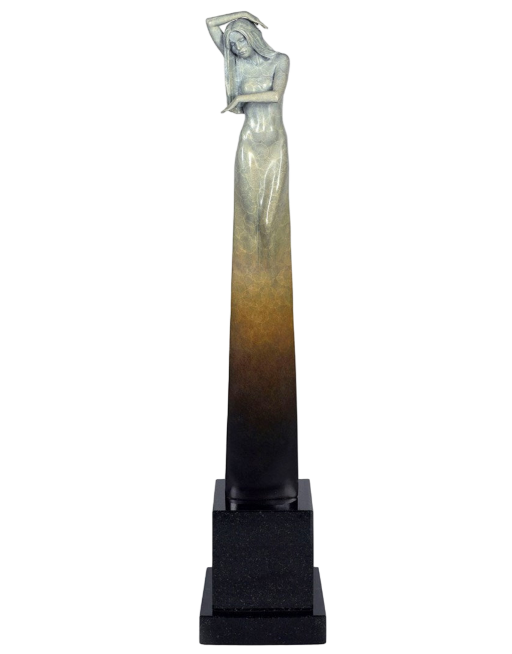Decorative statue with a gradient design on a black base against a white background