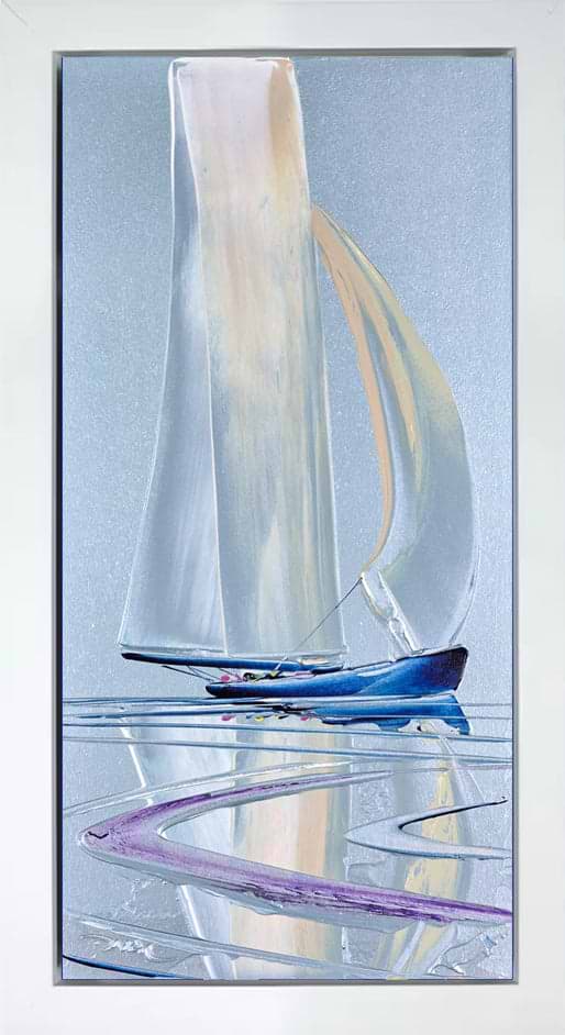 Sailboat with a colorful sail against a light blue background