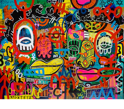 A highly detailed, colorful abstract graffiti-style artwork featuring a dense collage of cartoonish faces, graffiti tags, and graphic elements in bright neon colors like red, yellow, pink, blue, green, and black.
