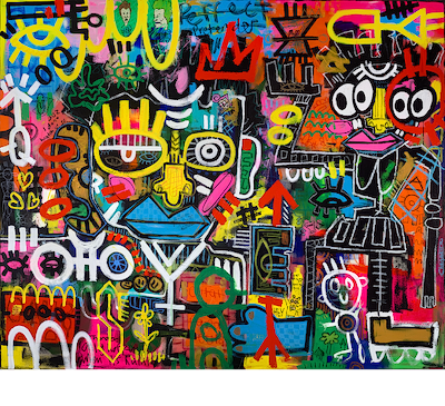 A vibrant, multicolored abstract graffiti-style painting filled with energetic scribbles, cartoon faces, geometric shapes, and bold colors including yellow, pink, blue, green, red, orange, and black.