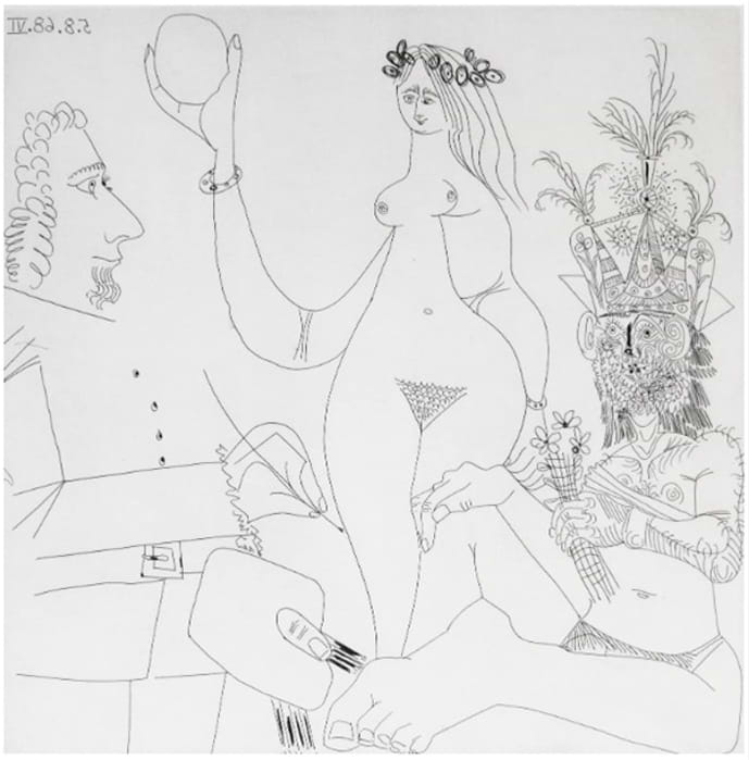 Painter in front of one of Raphael's Three Graces, and a Woodsman in a Party Hat