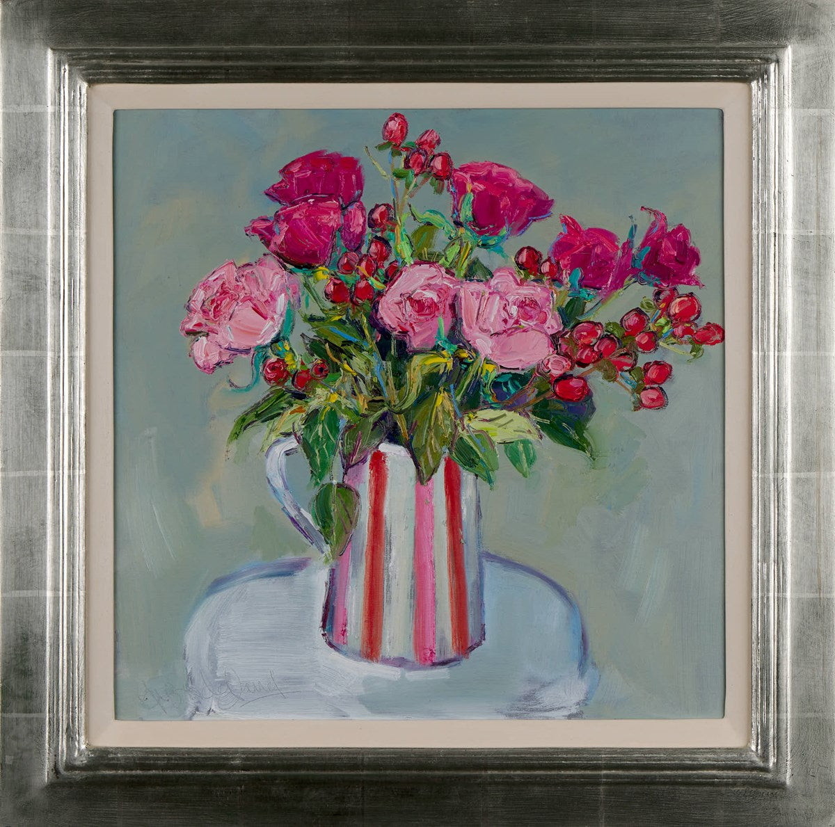 Roses in Striped Vase