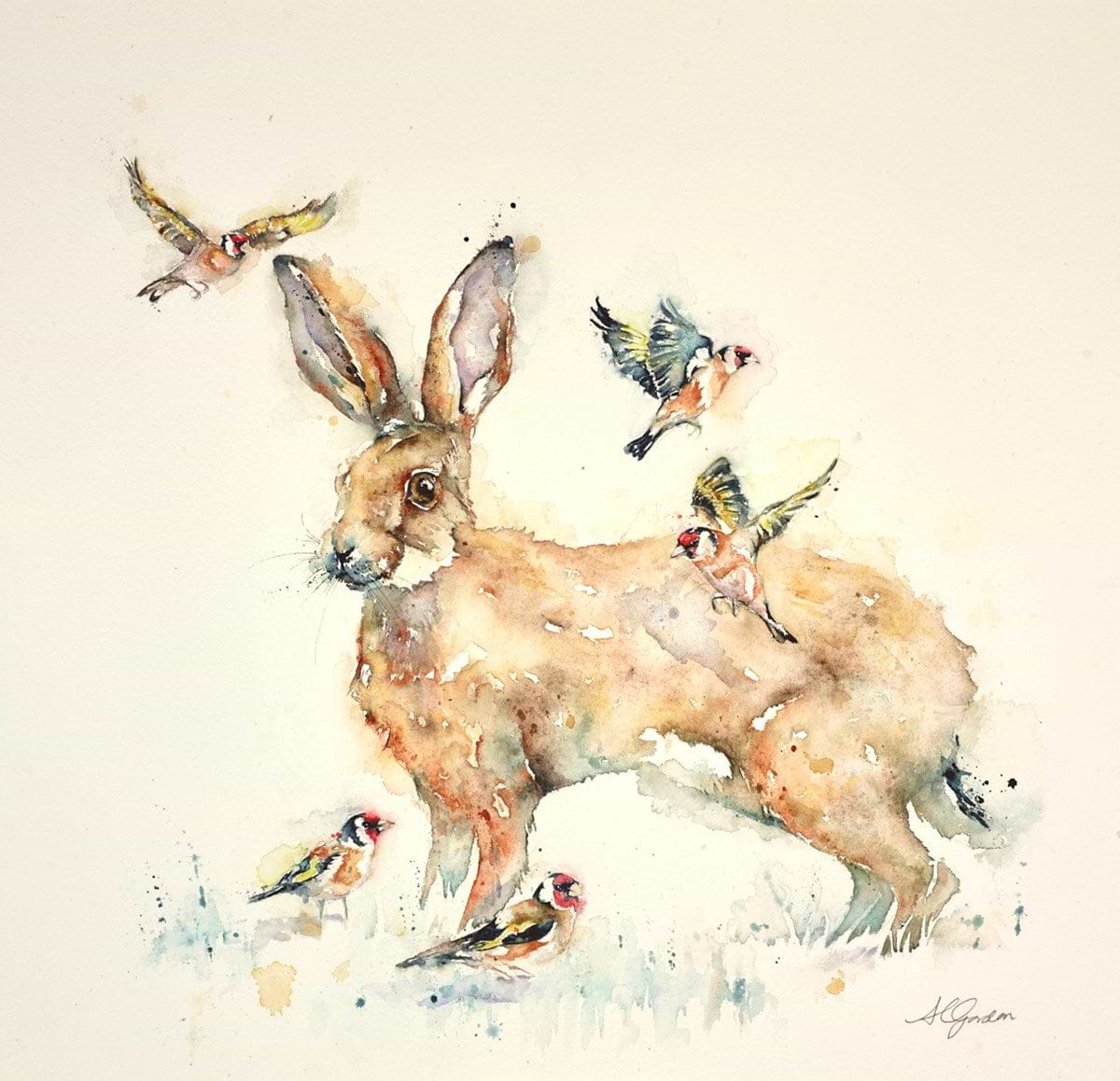 Meadow Hare with Goldfinches