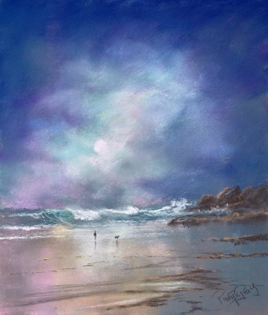 Walking the dog along the shore