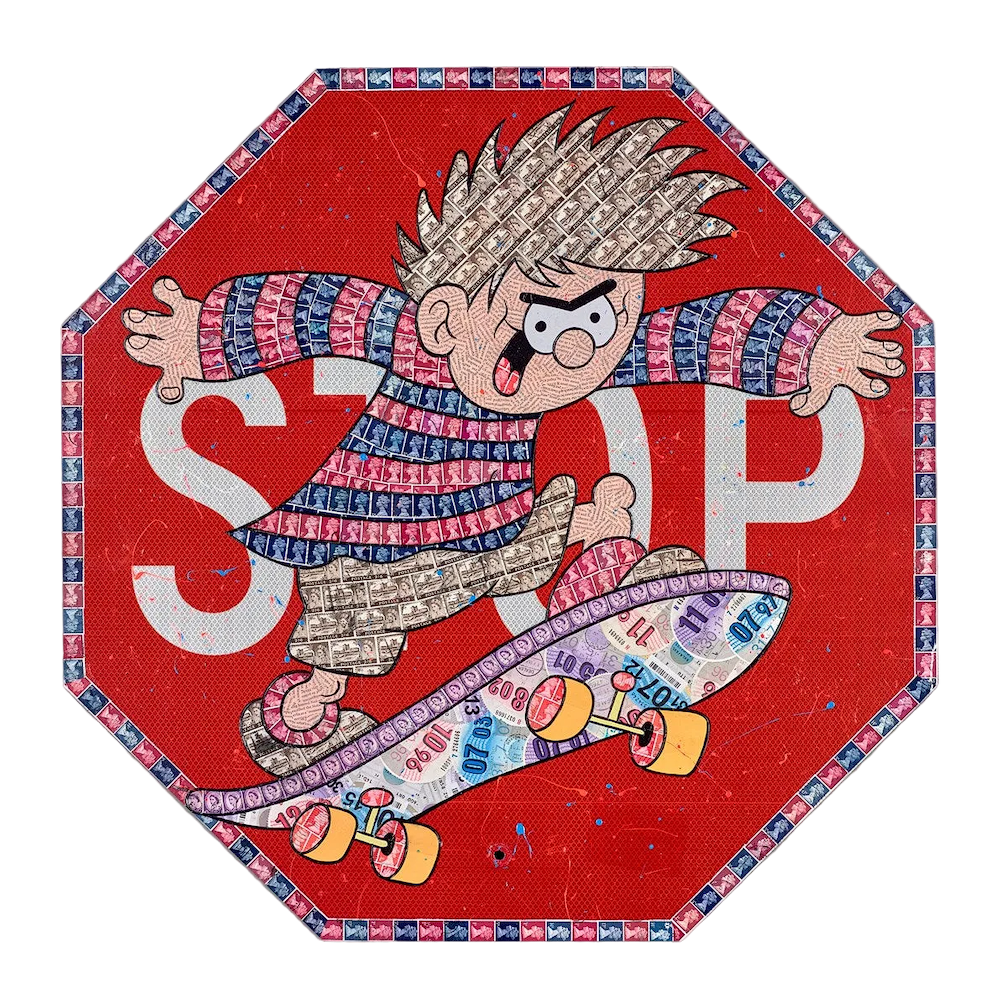 Cartoon character on a stop sign with a red background