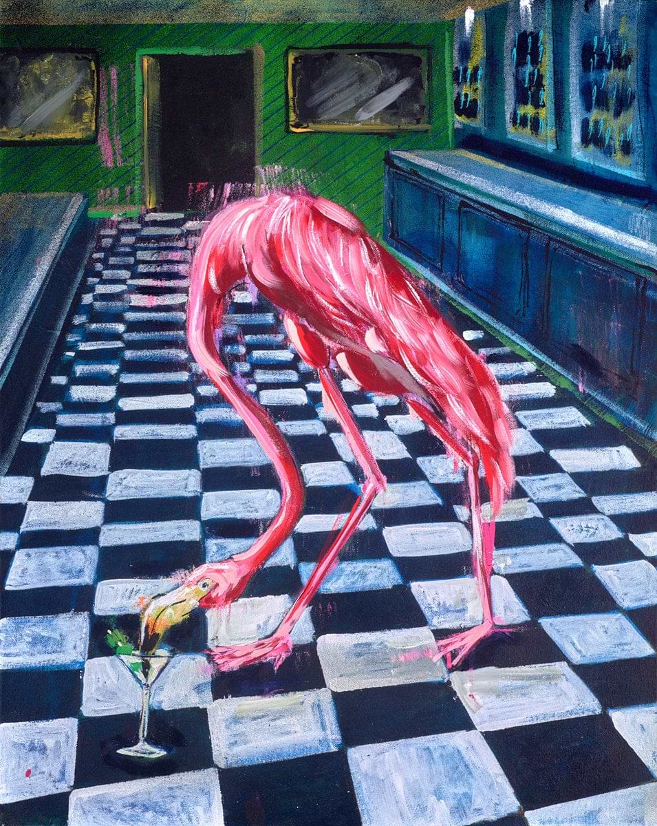 Flamingo drinking from a cocktail glass