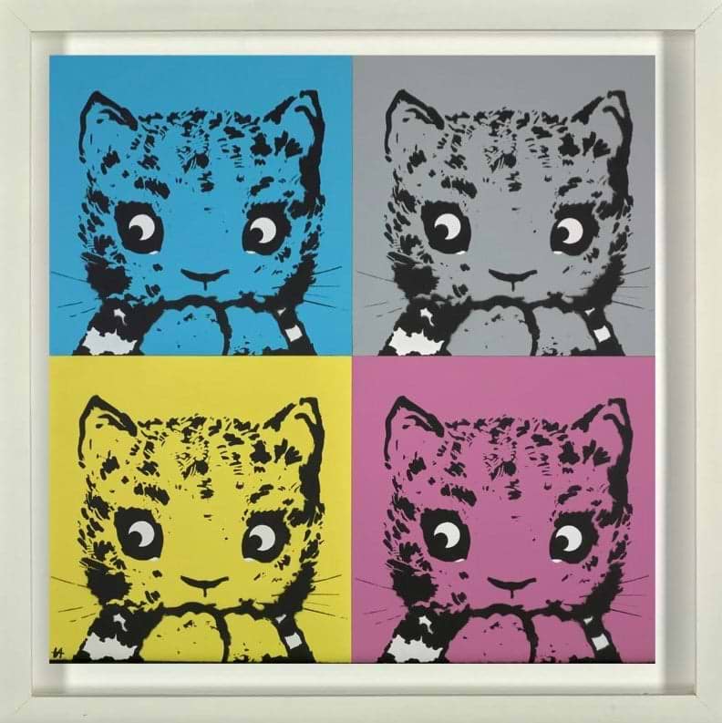 Blue / Grey / Yellow / Pink Cats (Framed)