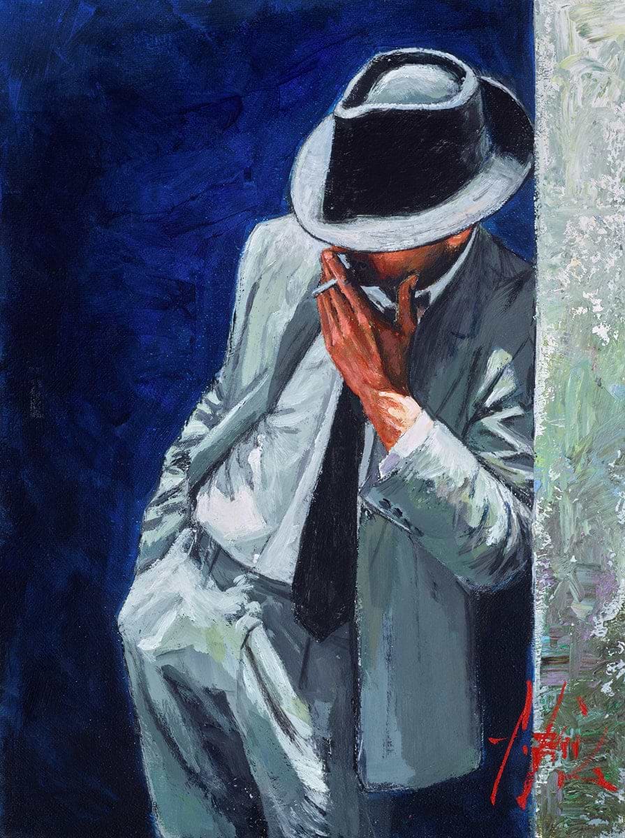 fabian perez man lighting cigarette | 'Man a II' Smoking Under the Light II"