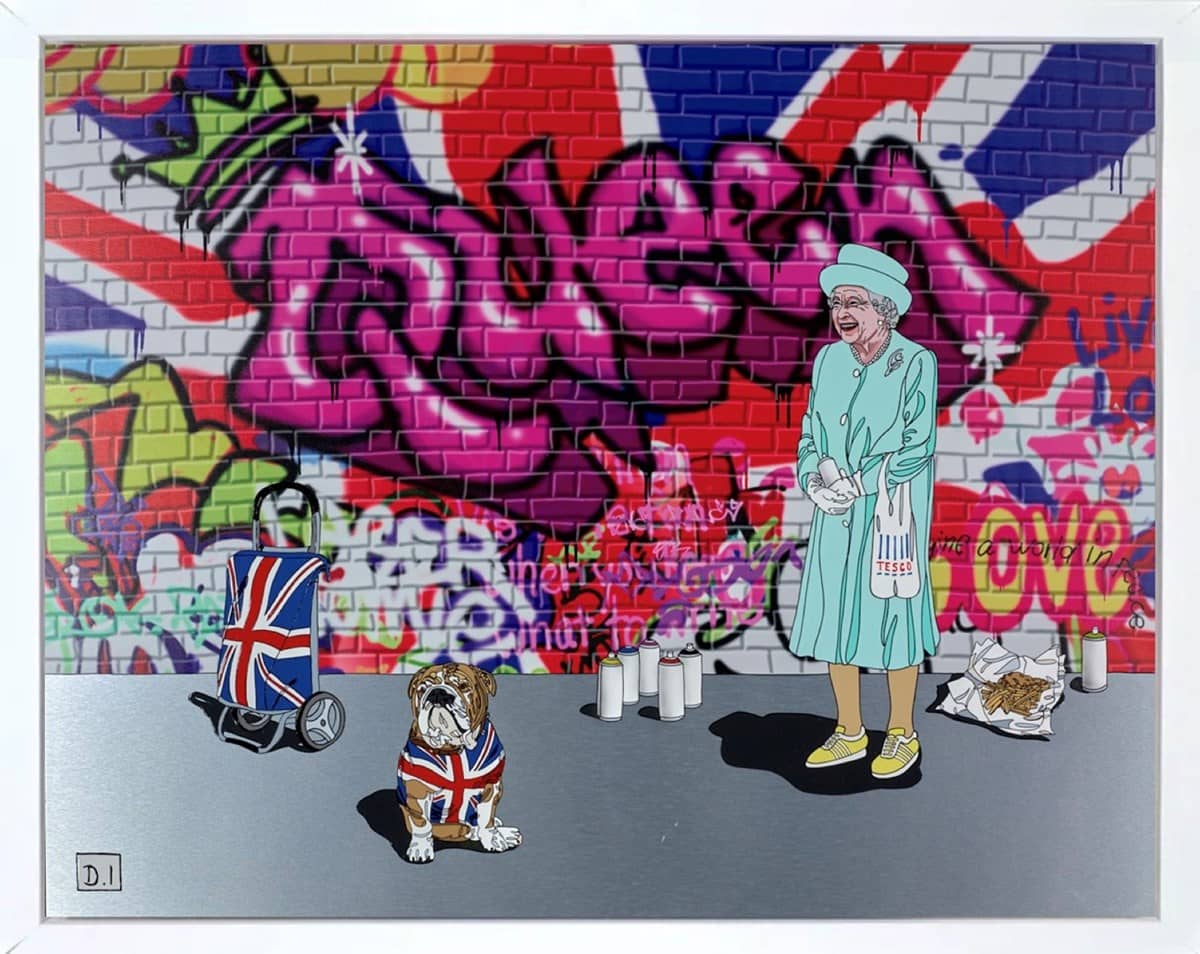 Queen On Union Jack Graffiti Wall (Framed)