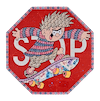 Cartoon character on a stop sign with a red background