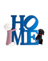 A sculpture featuring the word 'HOME' in bold blue letters, with a smiling white character and a black dog sculpture.