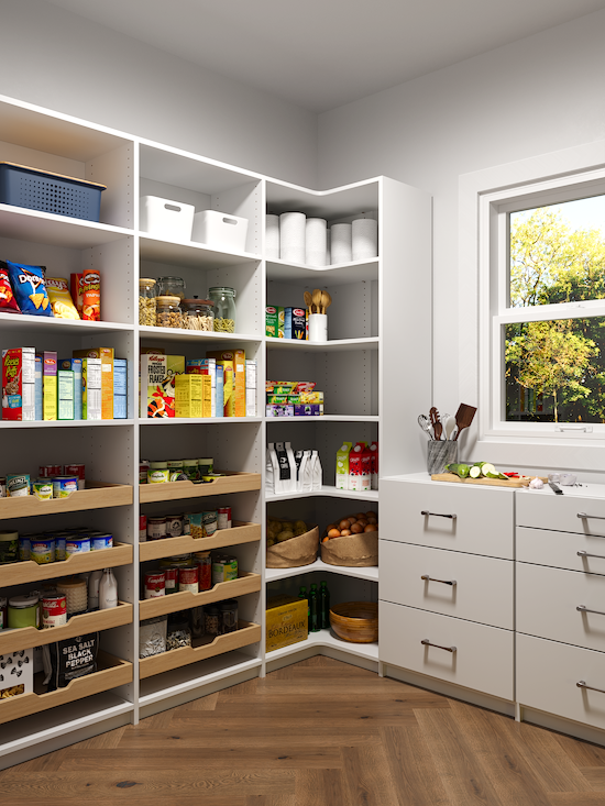 airy, white Walk-in pantry with shelf pull-outs