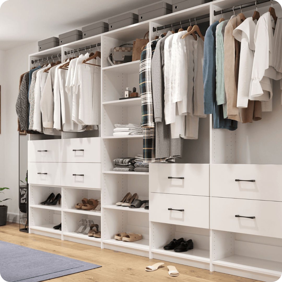 white Alto closet featuring black Modern Pulls, hanging, drawers, & shelving