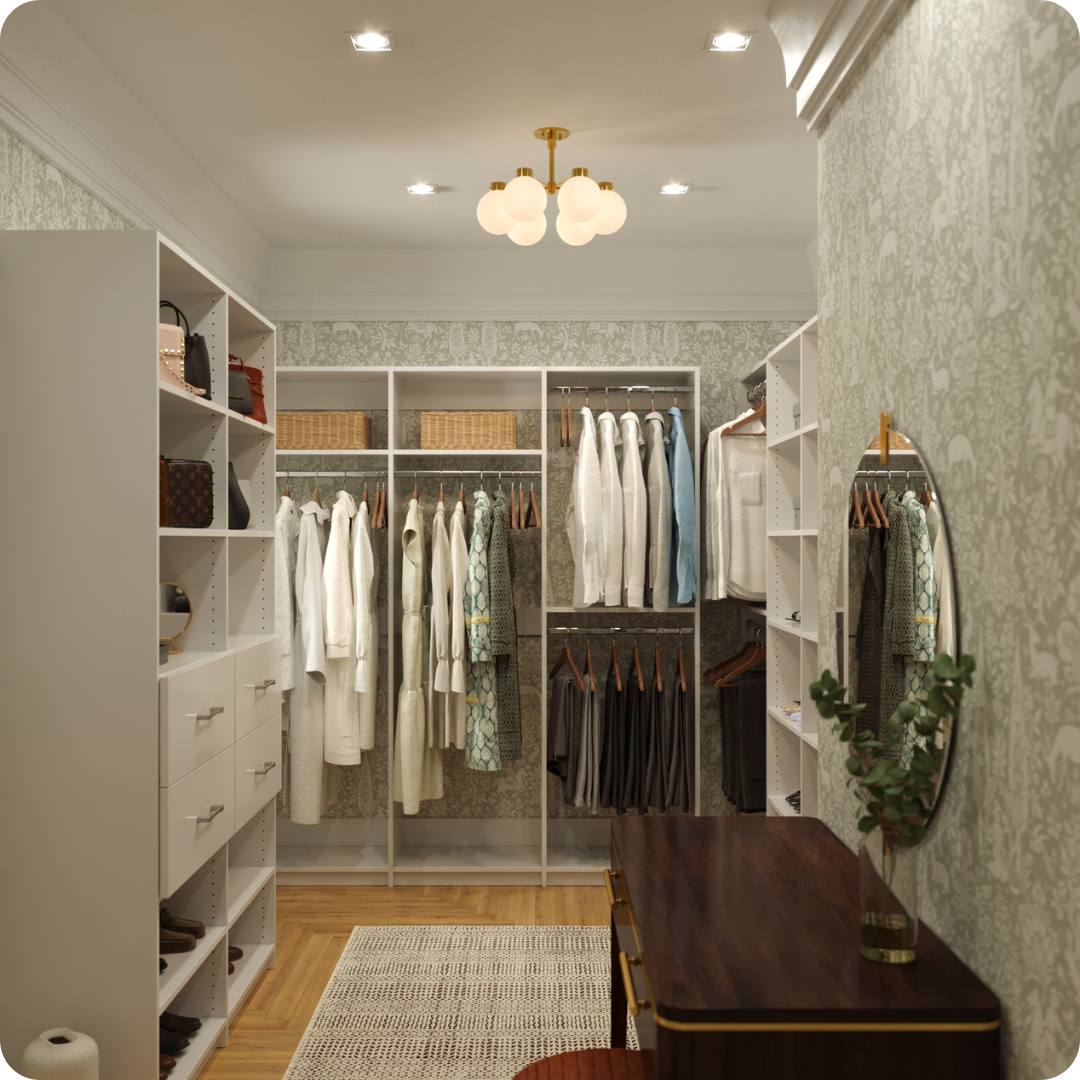 White Alto walk-in with mulit-level hanging, open shelving, & drawers
