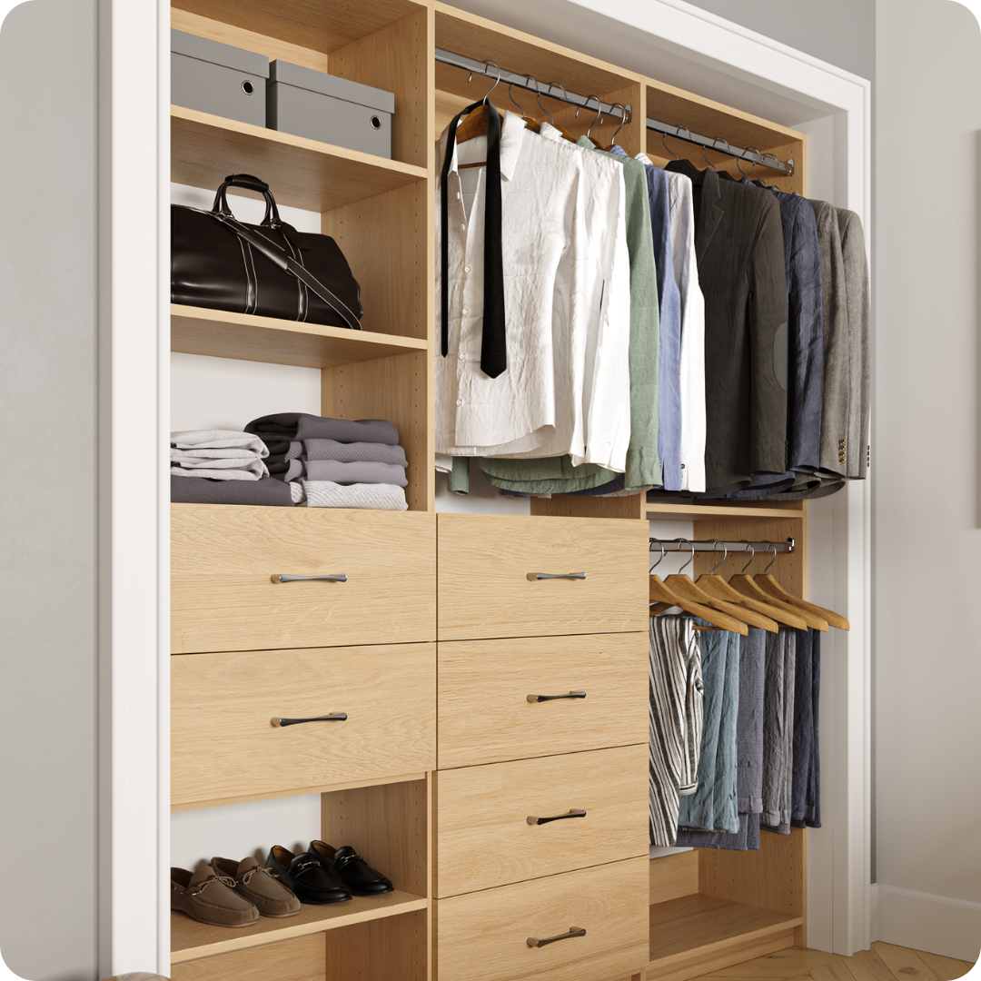 Small Natural Oak Alto reach-in closet featuring hanging, shelving, & deep drawers
